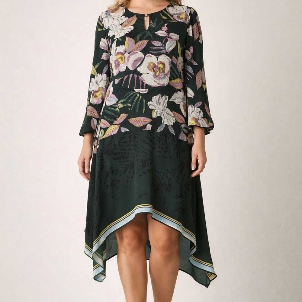 REISS Floral Midi Dress US 12 UK 16 Green Viscose Keyhole Neck Long Sleeve- EUC